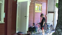 Olly outside our self-contained apartment at Bakkegata 7, Odda